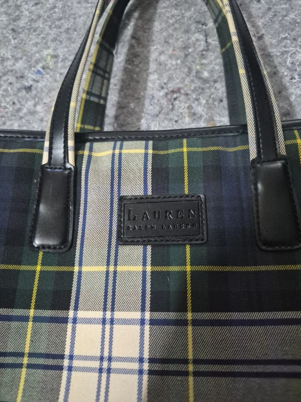 Lauren Ralph Lauren Navy Green Plaid Messenger with Black Leather Trim